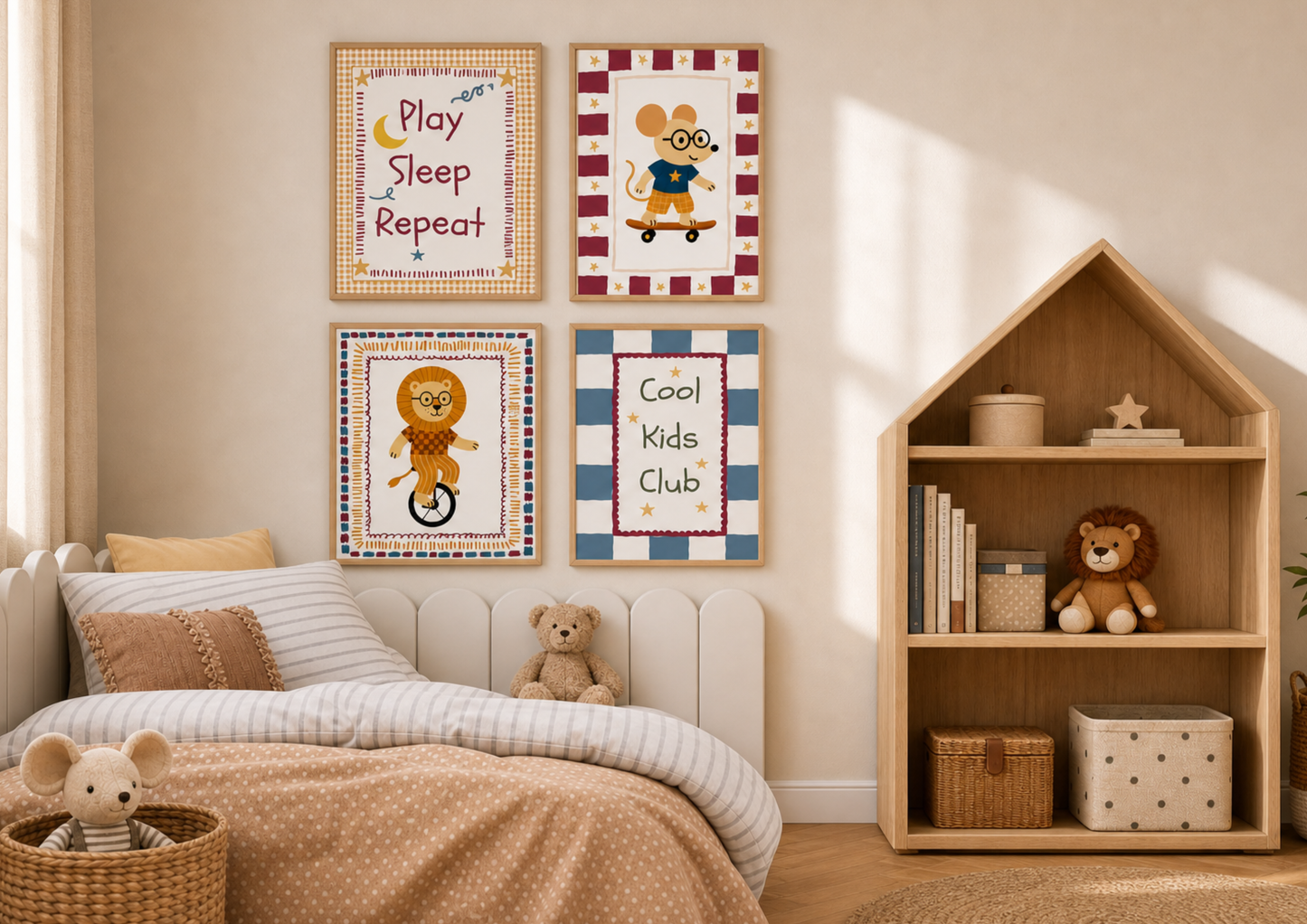 Children's bedroom with a bed, teddy bear, and wall decorations.