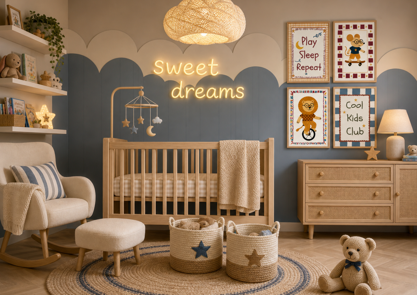 Nursery room with wooden crib, rocking chair, and decorative elements.
