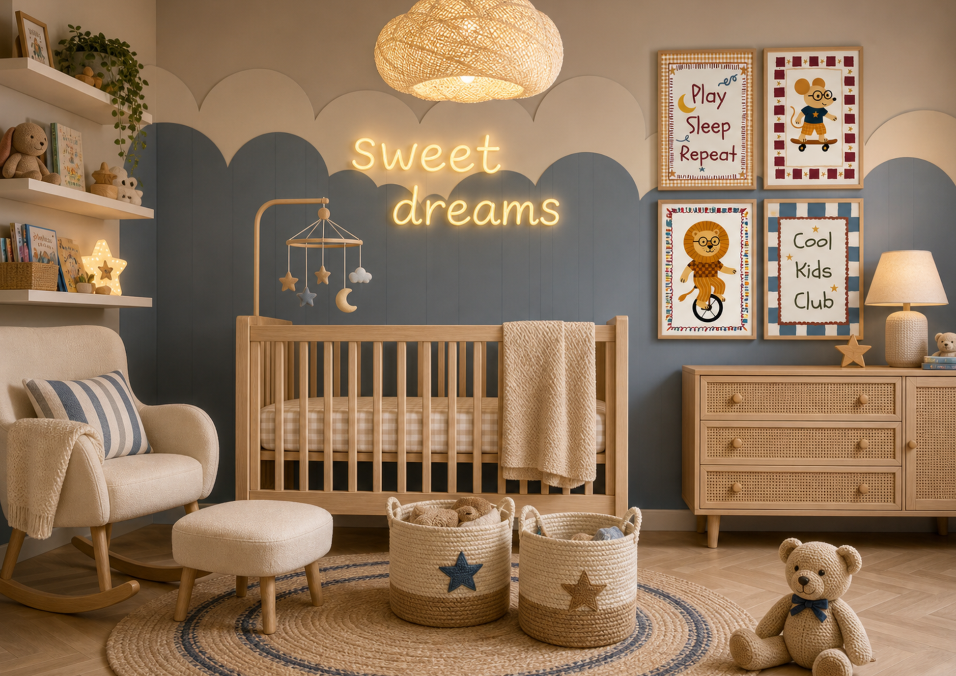 Nursery room with wooden crib, rocking chair, and decorative elements.