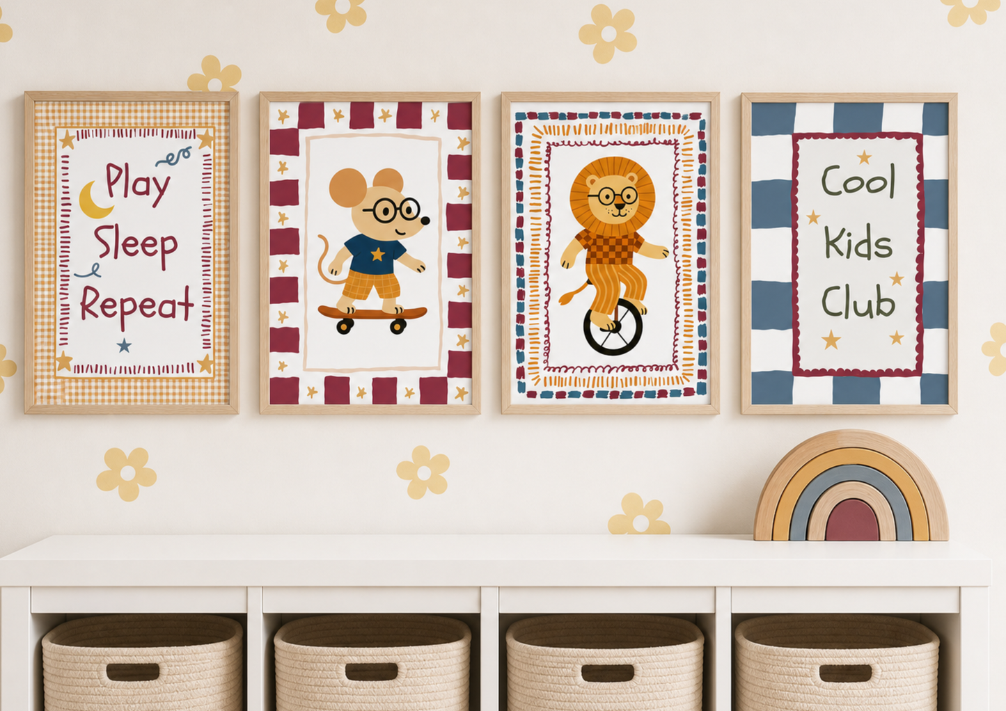 Children's wall art with cartoon characters and text on a white wall with decorative elements.