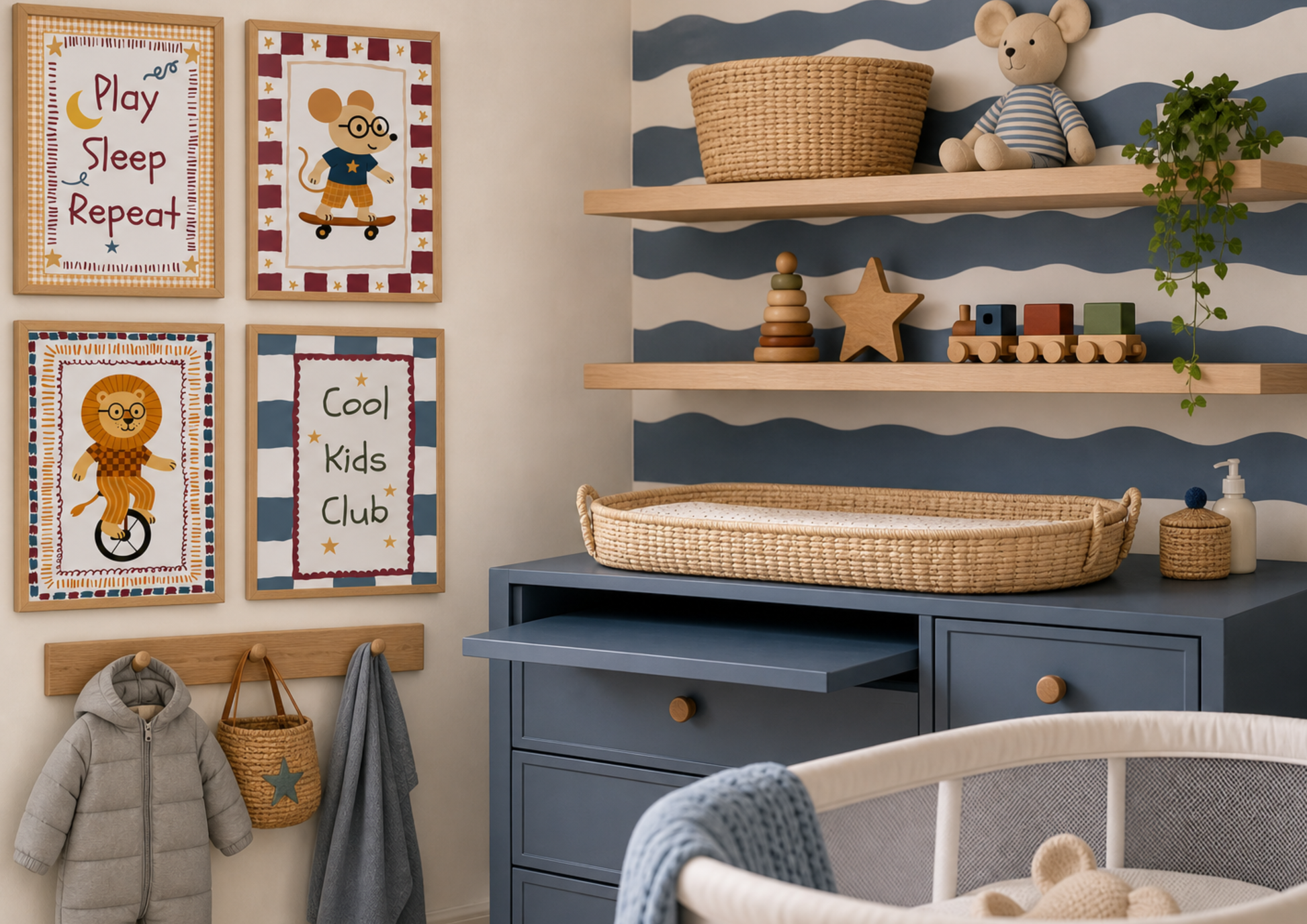 Nursery room with shelves, wall art, and baby furniture.