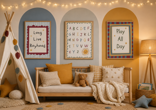 Children's room with a wooden bed, teddy bear, and Gingham_retro_boys wall art.