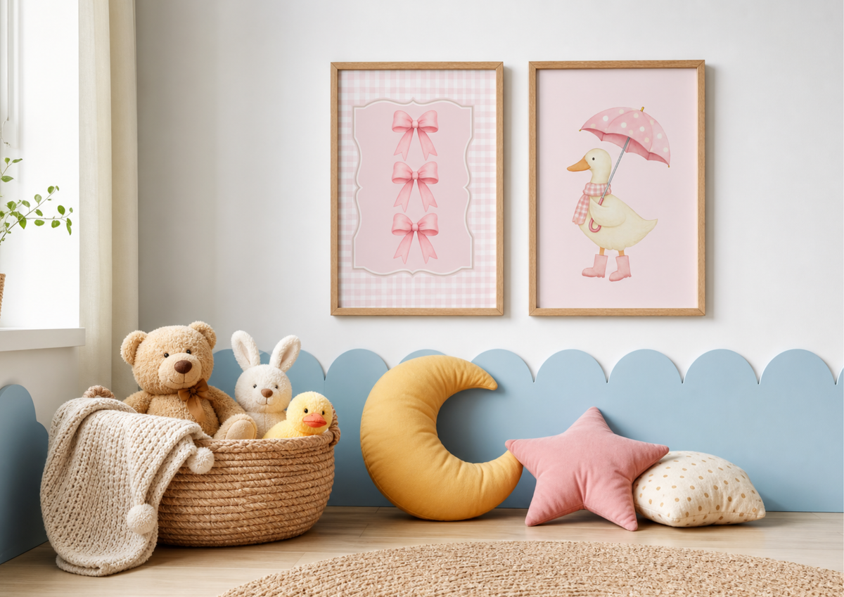 A styled children's room corner with two framed wall prints above a blue scalloped wall. The left print shows pink bows on a gingham background, and the right print shows a duck under a pink umbrella.