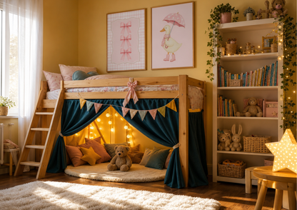 A cozy children's bedroom featuring a wooden loft bed styled as a playhouse with dark teal curtains, a string lights canopy, and a plush teddy bear on the floor. The room has warm yellow walls, a white bookshelf filled with books and toys, and a glowing star-shaped lamp on a small wooden table.