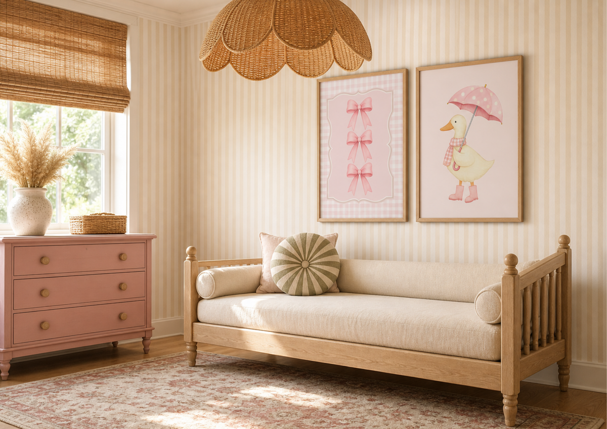 A styled children's bedroom featuring a light wood daybed with cream upholstery, a pink three-drawer dresser, striped wallpaper, and two framed art prints on the wall.