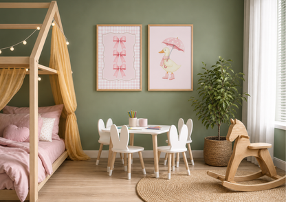 A styled children's bedroom corner with a wooden house bed, pink bedding, white bunny chairs around a small table, two framed pink-themed prints on a sage green wall, a potted plant, and a wooden rocking horse.
