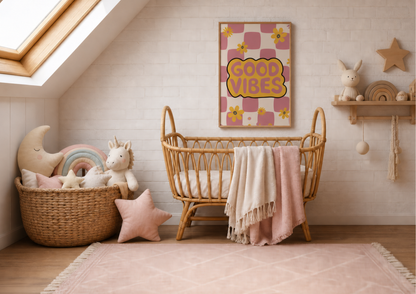A styled nursery corner featuring a natural wicker crib with a pink and cream throw blanket, set against a white brick wall with a 'GOOD VIBES' art print. A large woven basket with plush toys, a pink star pillow, and a pink rug complete the cozy room scene.
