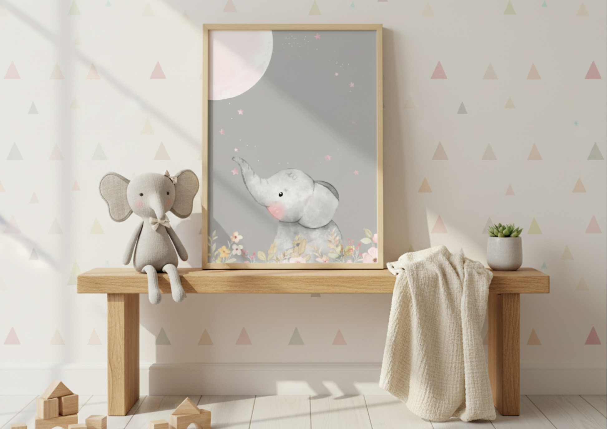Children's room with a wooden bench, plush elephant toy, and framed picture of an elephant.