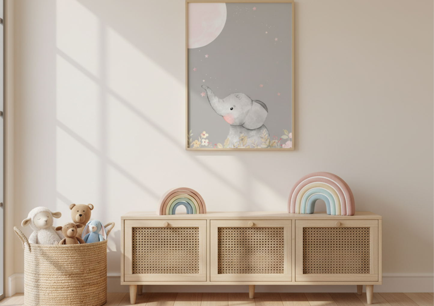 Children's room with a wooden cabinet, toys, and a framed picture of an elephant.
