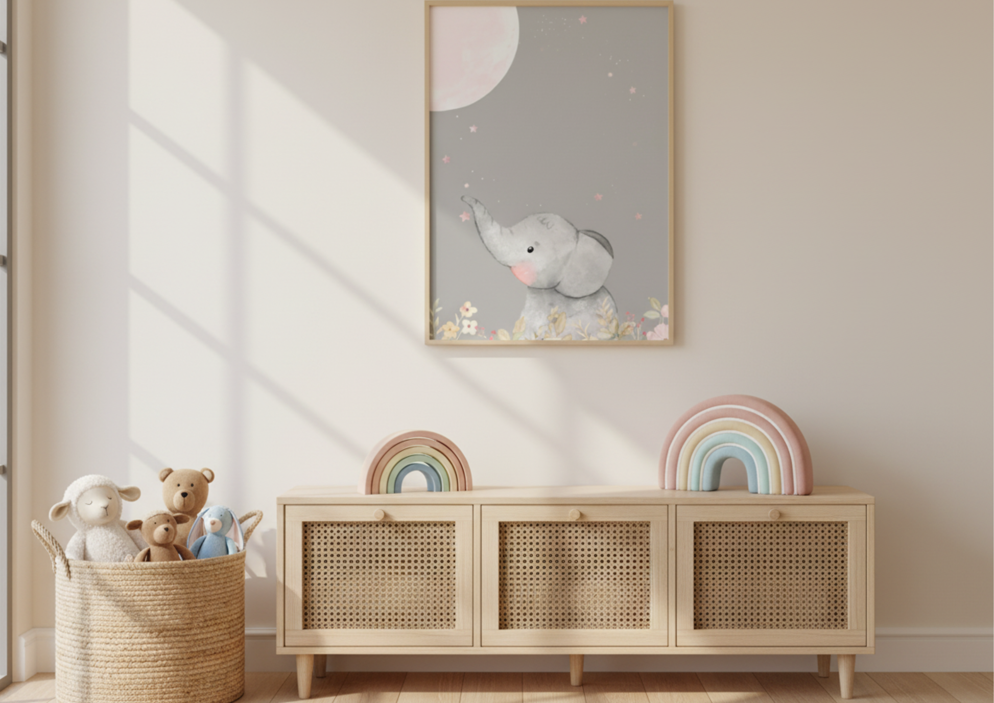 Children's room with a wooden cabinet, toys, and a framed picture of an elephant.