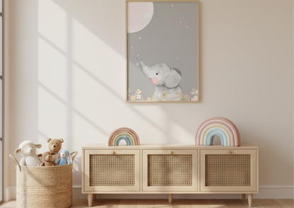 Children's room with a wooden cabinet, toys, and a framed picture of an elephant.