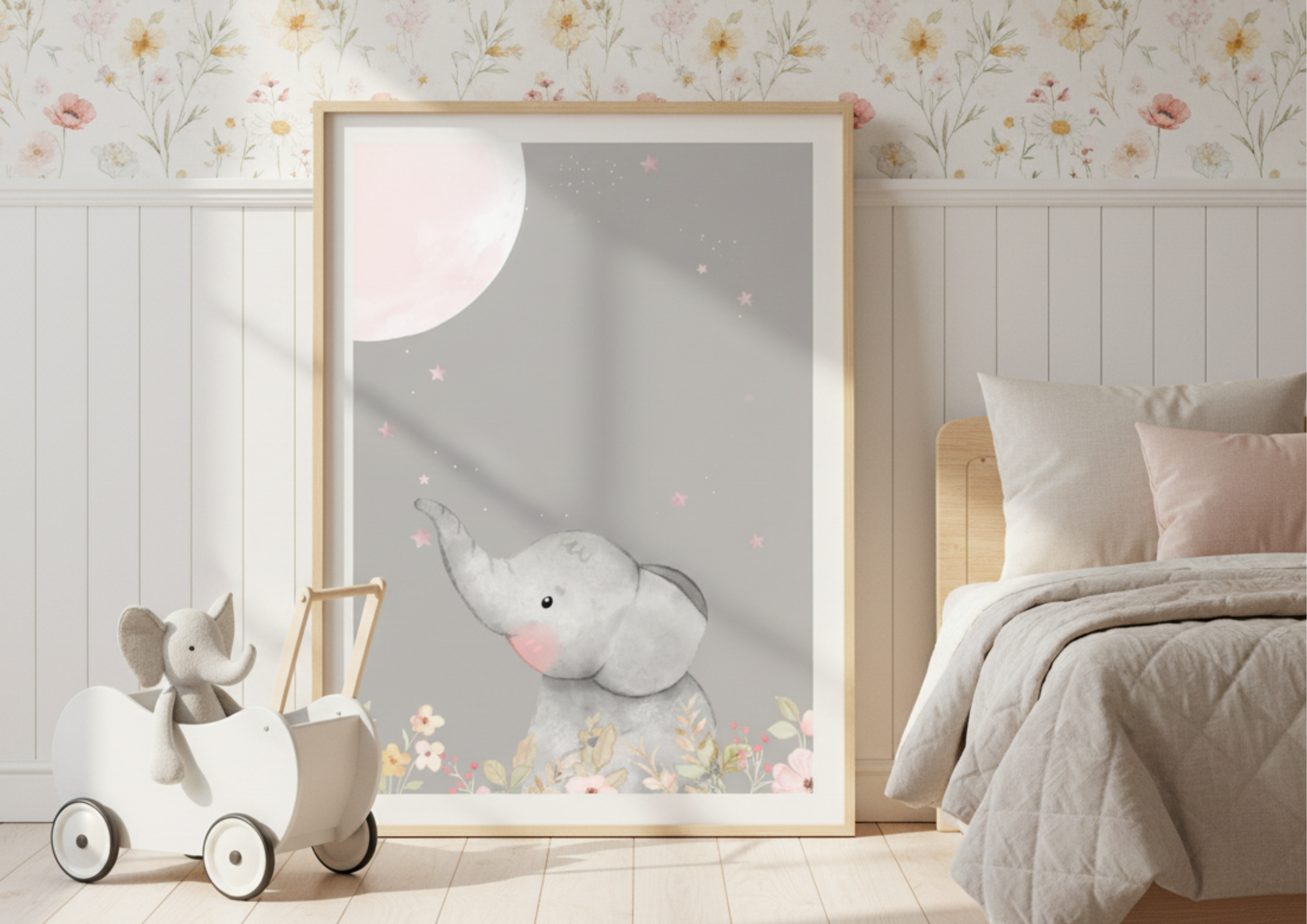 Framed artwork of an elephant in a bedroom with floral wallpaper and toys.