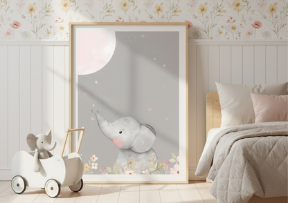 Framed artwork of an elephant in a bedroom with floral wallpaper and toys.