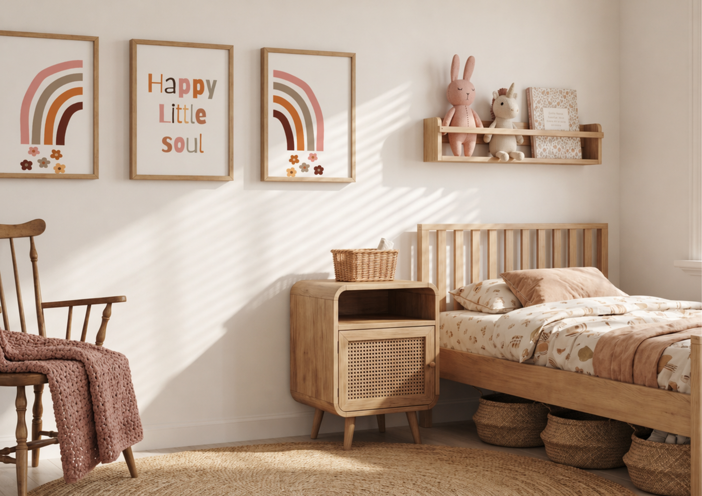 Children's bedroom with wooden furniture, decorative items, and wall art.