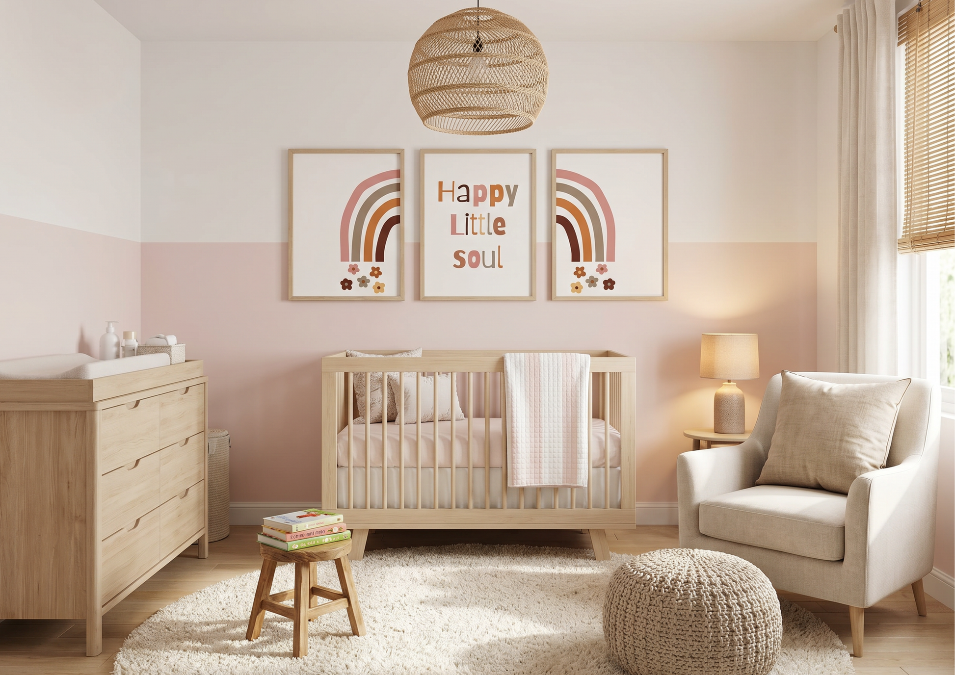 Nursery room with crib, dresser, and decorative elements