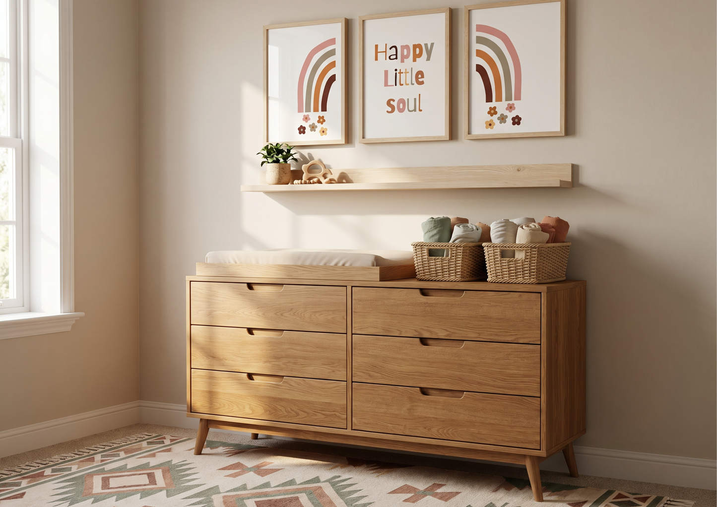 Wooden dresser in a nursery with framed artwork and decorative items.