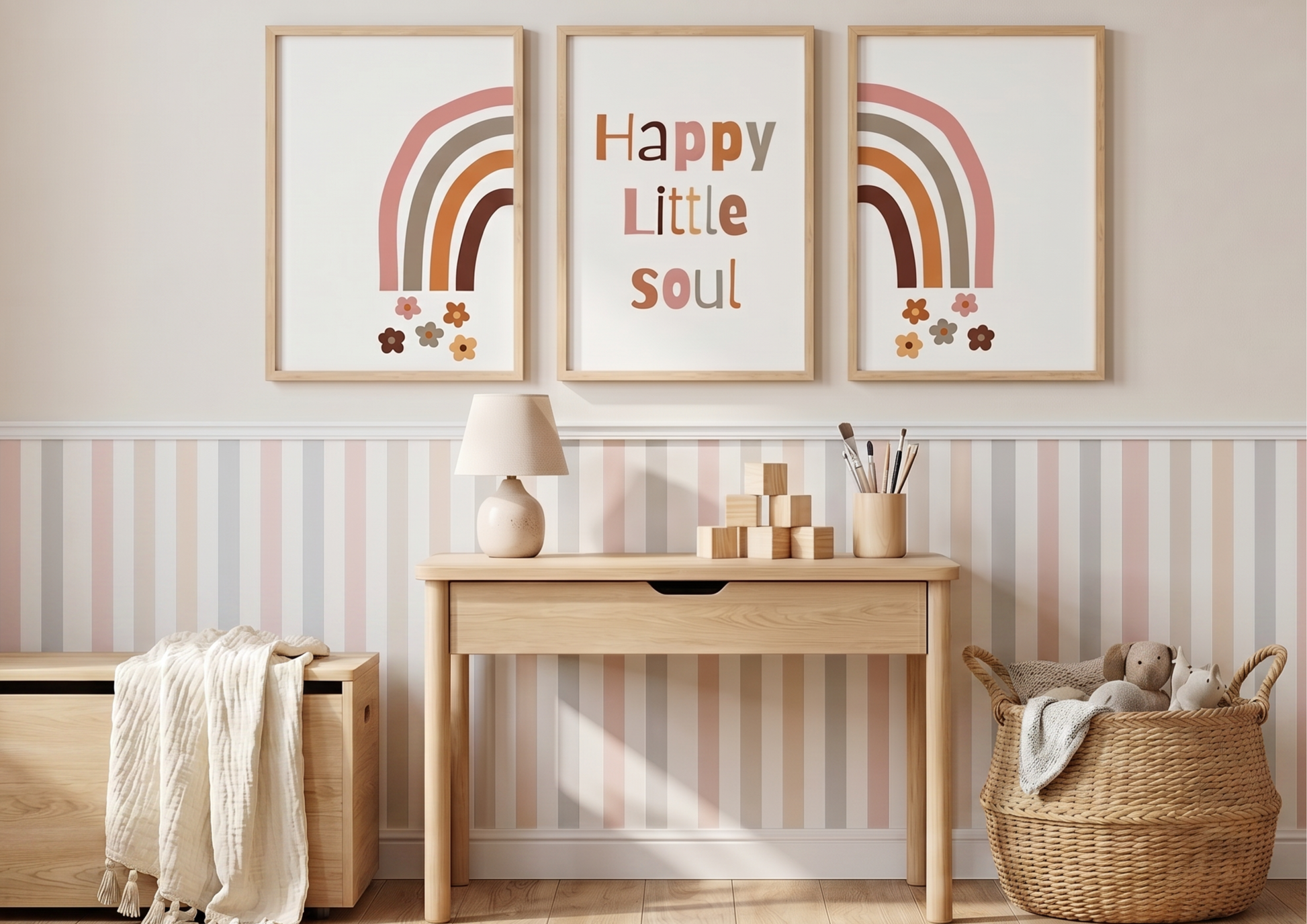 Nursery room with wooden table, toys, and wall art featuring rainbow designs and 'Happy Little Soul' text.
