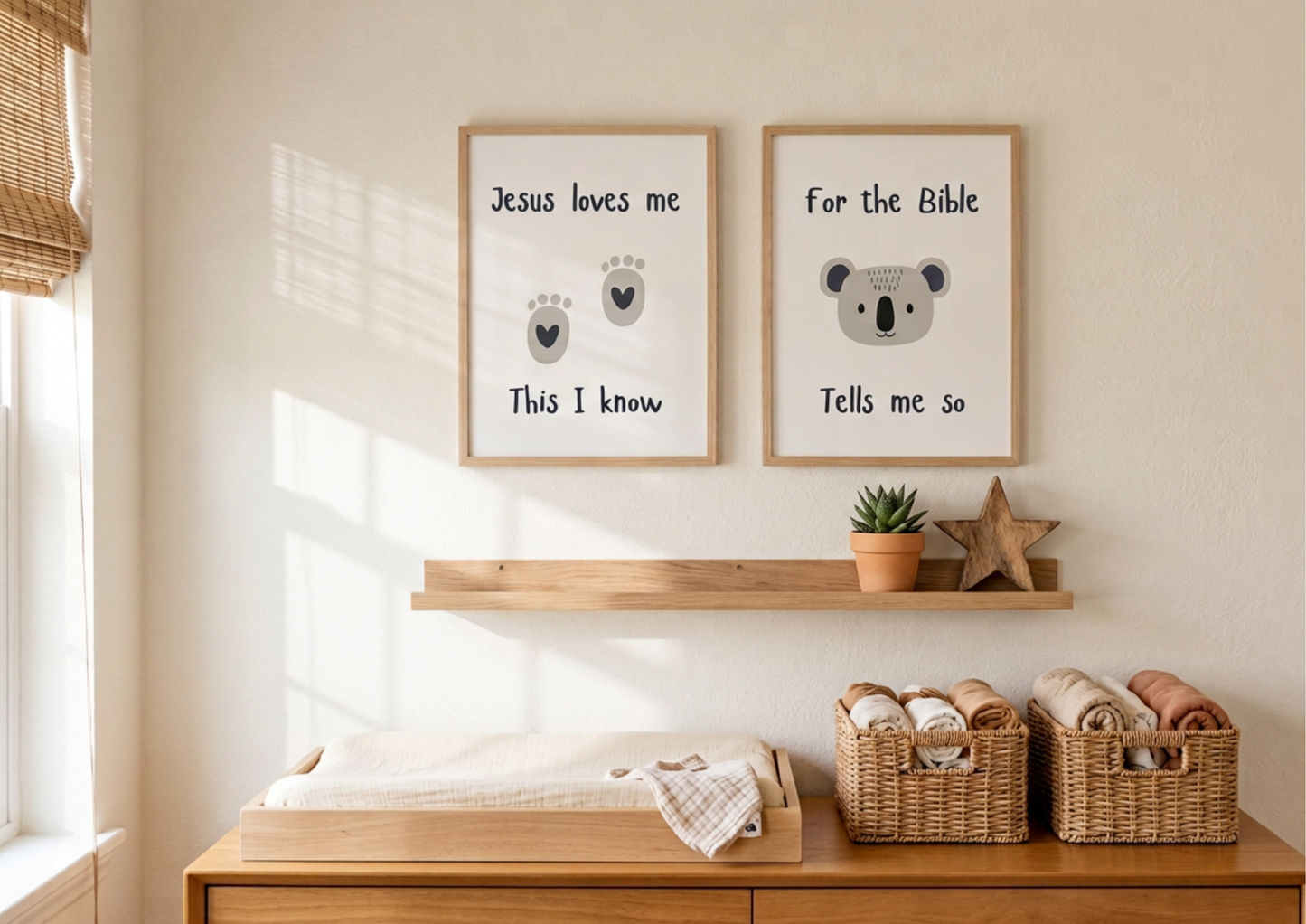 Christian nursery changing station with "Jesus Loves Me" and koala watercolor framed wall art prints.