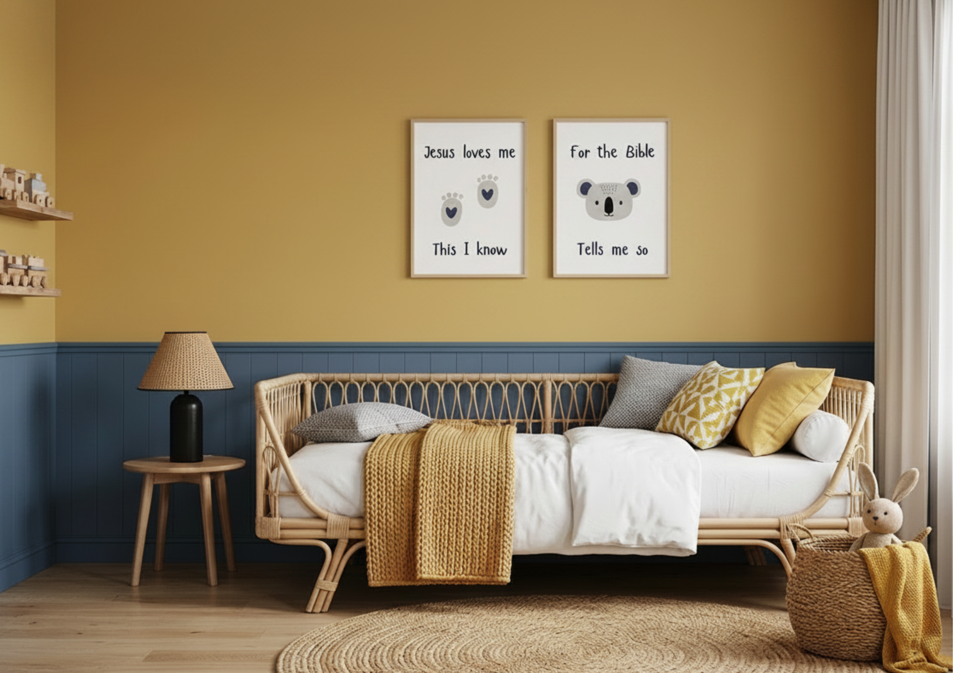 Toddler bedroom with "Jesus Loves Me" and koala watercolor framed wall art prints hanging above a natural wicker daybed.