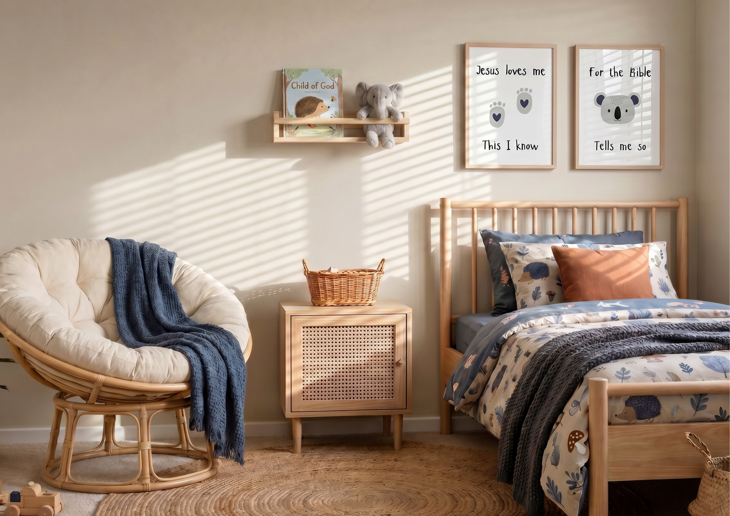 Child's bedroom with "Jesus Loves Me" and koala watercolor framed wall art prints hanging above a spindle wooden bed.
