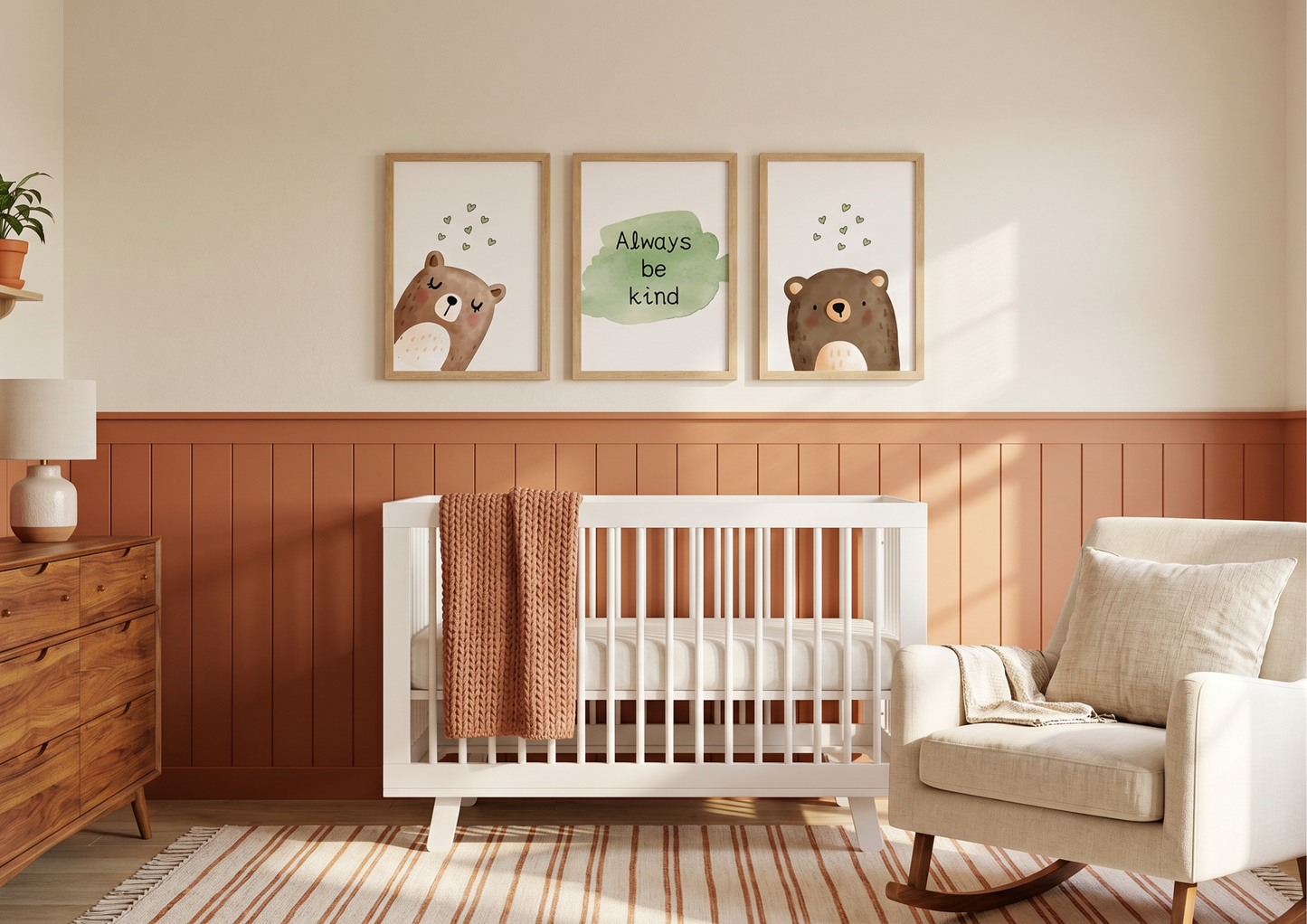 Nursery room with a white crib, wooden dresser, and framed bear artwork on the wall.