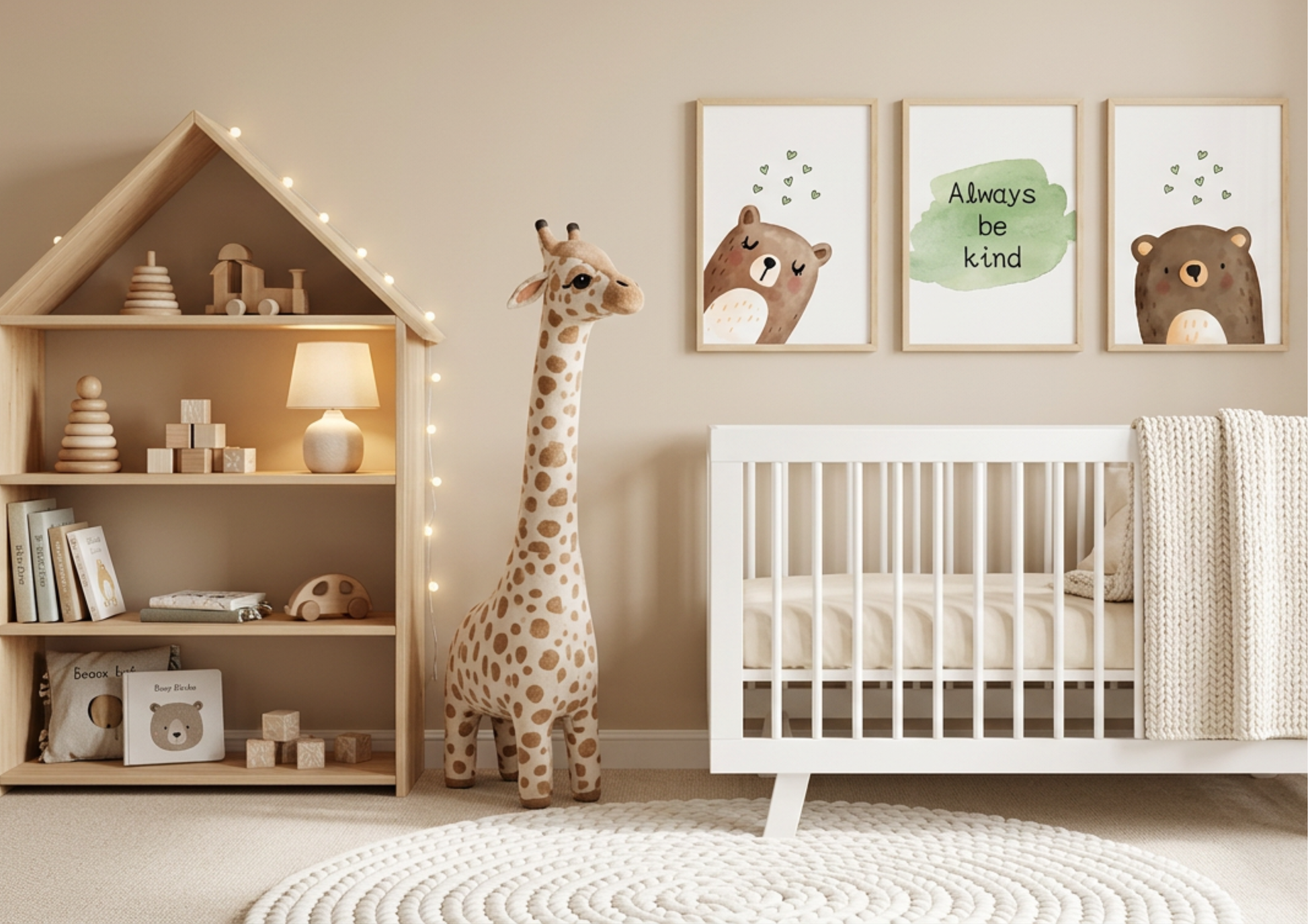 Nursery room with wooden crib, bookshelf, stuffed giraffe, and wall art.