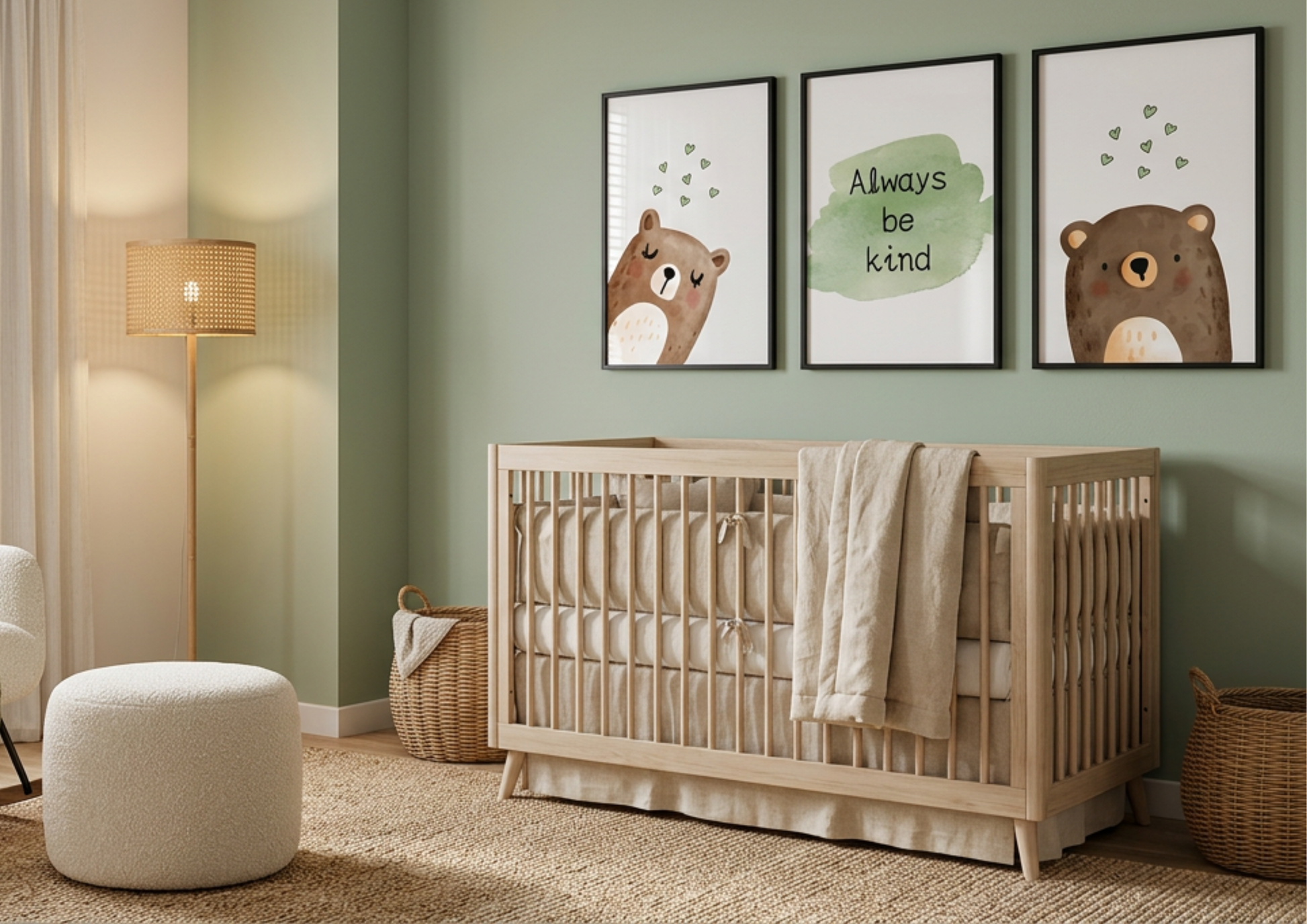 Nursery room with wooden crib, decorative bear posters, and a lamp.