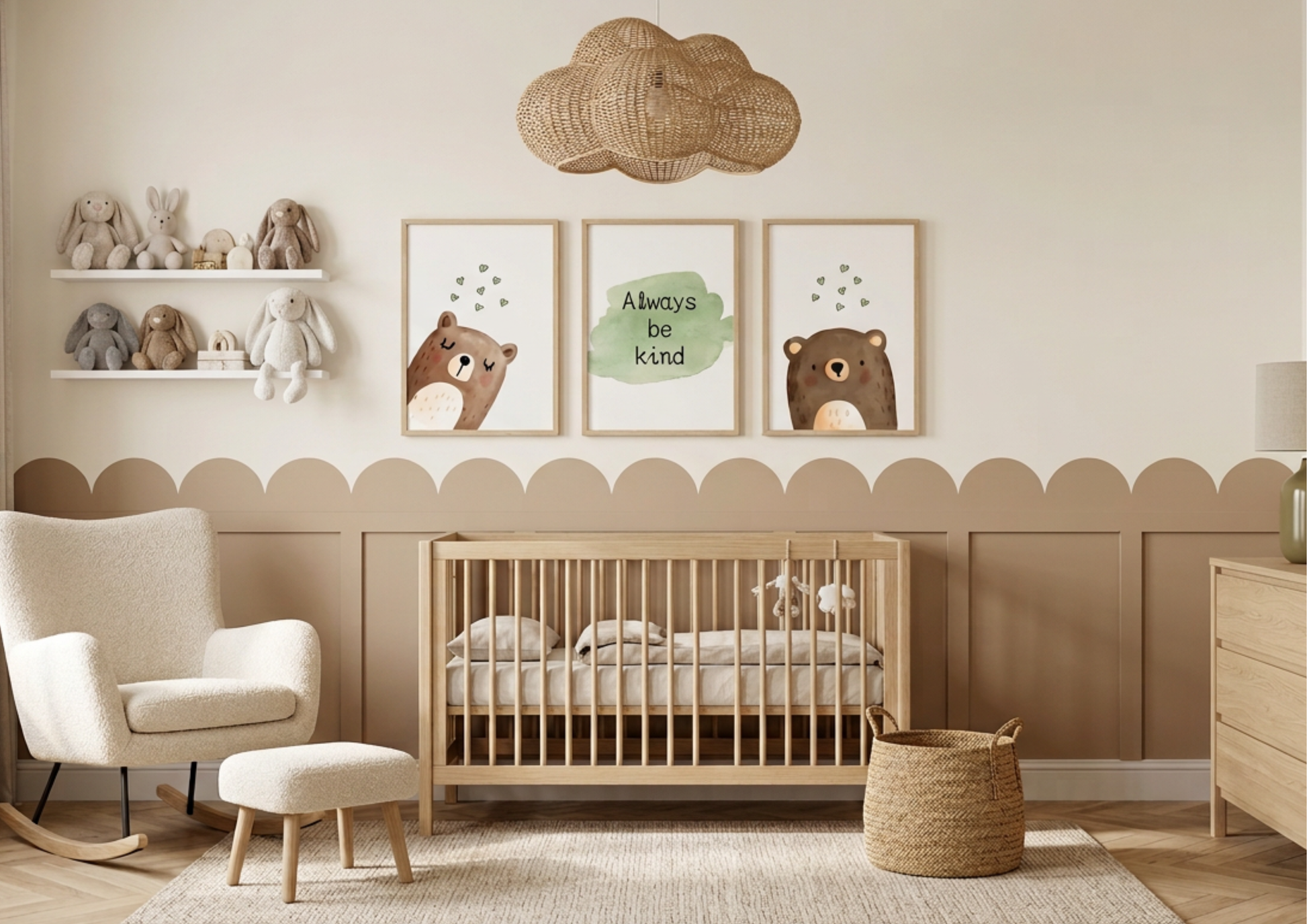Nursery room with wooden crib, rocking chair, and decorative bear wall art.