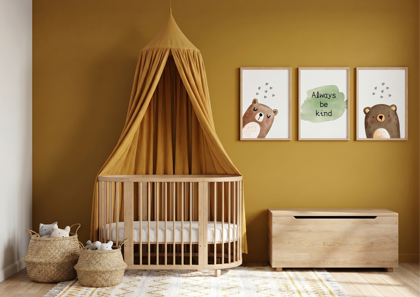 Nursery room with wooden crib, yellow canopy, and wall art on a mustard yellow wall.