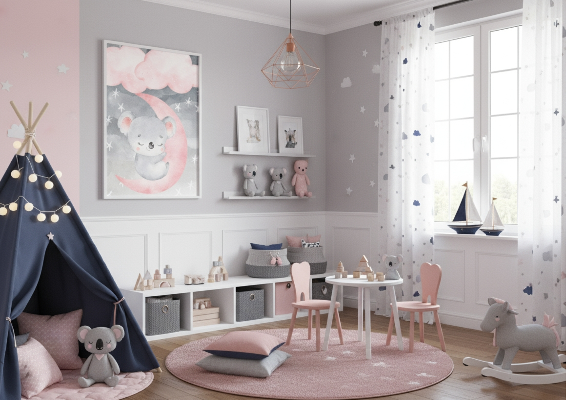 A charming and bright nursery room decorated in a soft pink and grey color scheme. A large framed watercolor print featuring a sleeping koala on a pink crescent moon, surrounded by clouds and stars, hangs prominently on the grey wall. To the left, a dark blue teepee adorned with fairy lights sits on a pink rug. The room includes white floating shelves displaying framed animal prints and stuffed koala toys, a small white table with two pink chairs, and a white rocking horse. White curtains with star and clou