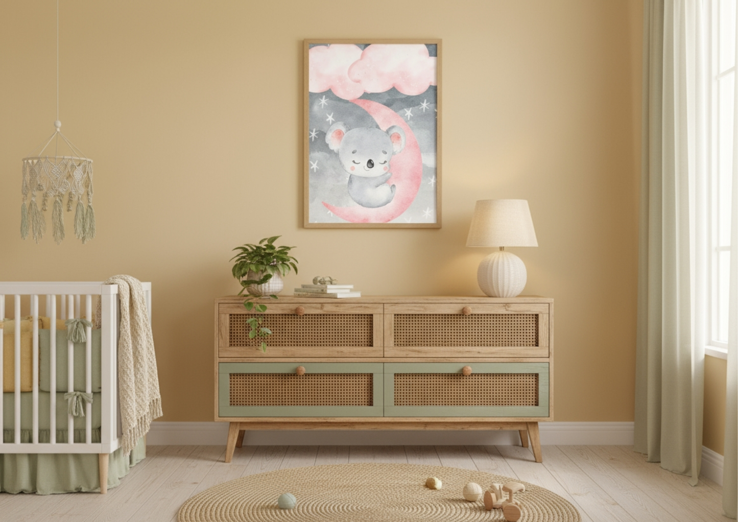 A vertical framed watercolor print of a sleeping koala on a pink crescent moon hangs above a wooden dresser in a boho-style nursery. The room has walls painted a warm yellow or mustard color, and the window is draped with flowing neutral curtains. The low, wide dresser features rattan drawer fronts and a subtle sage green trim, topped with a white gourd-shaped lamp and a small potted plant. A white wooden crib is partially visible on the left, dressed with green bedding. A round woven jute rug covers the wo