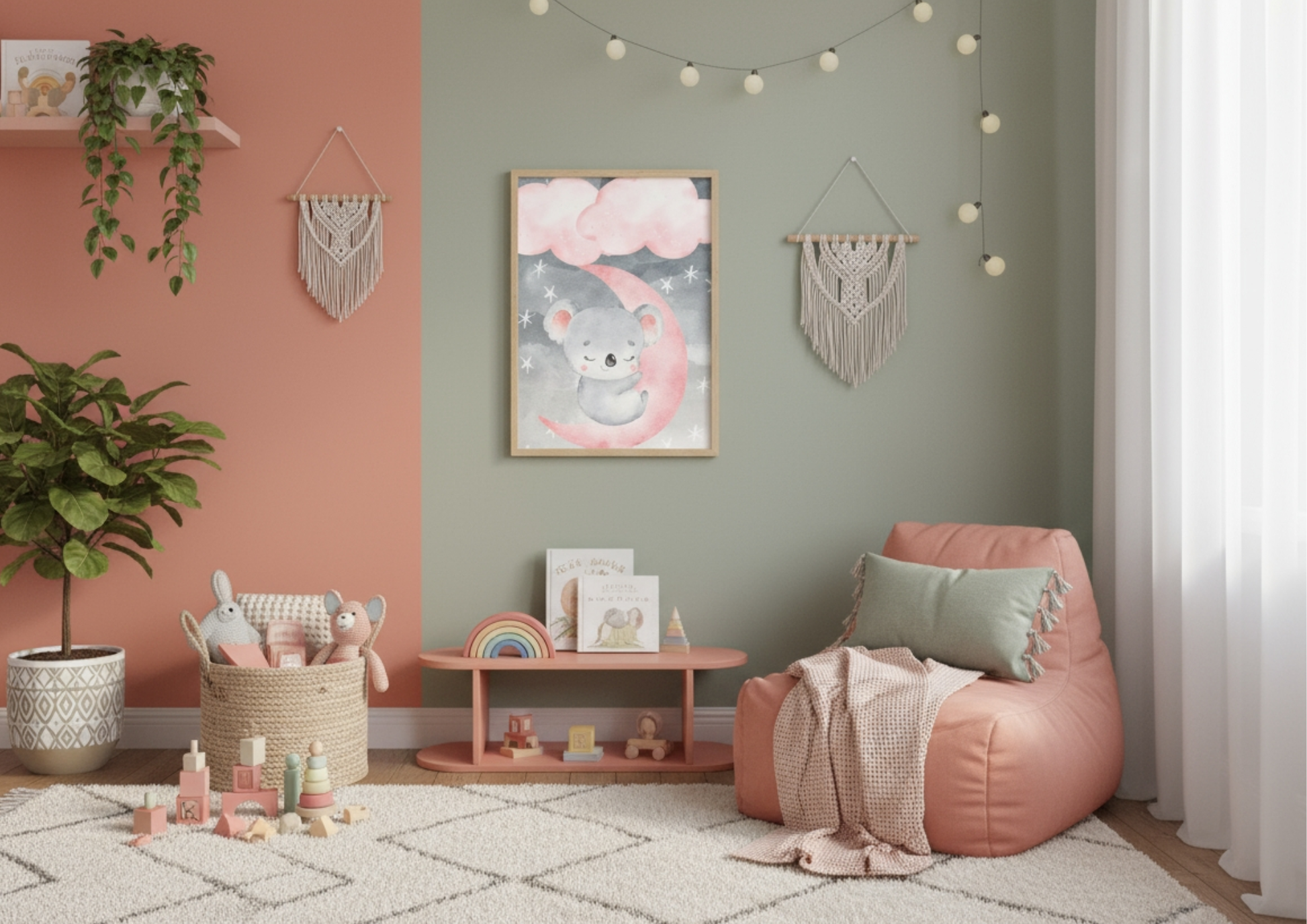 A cozy, stylish bohemian nursery featuring a two-toned wall with a muted coral pink on the left and a neutral sage green on the right. A framed watercolor print of a sweet, sleeping koala nestled on a bright pink crescent moon with clouds hangs on the sage green wall. Below the print, a low pink coffee table holds children's books and a rainbow toy. To the right, a large coral-colored bean bag chair with a light green cushion is ready for reading. The room is decorated with two macrame wall hangings, a wove
