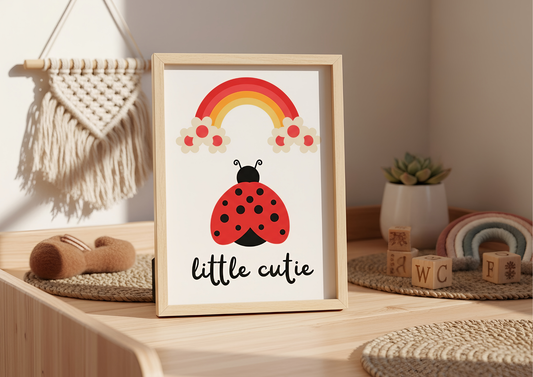 Framed artwork with a ladybug and rainbow illustration on a shelf.