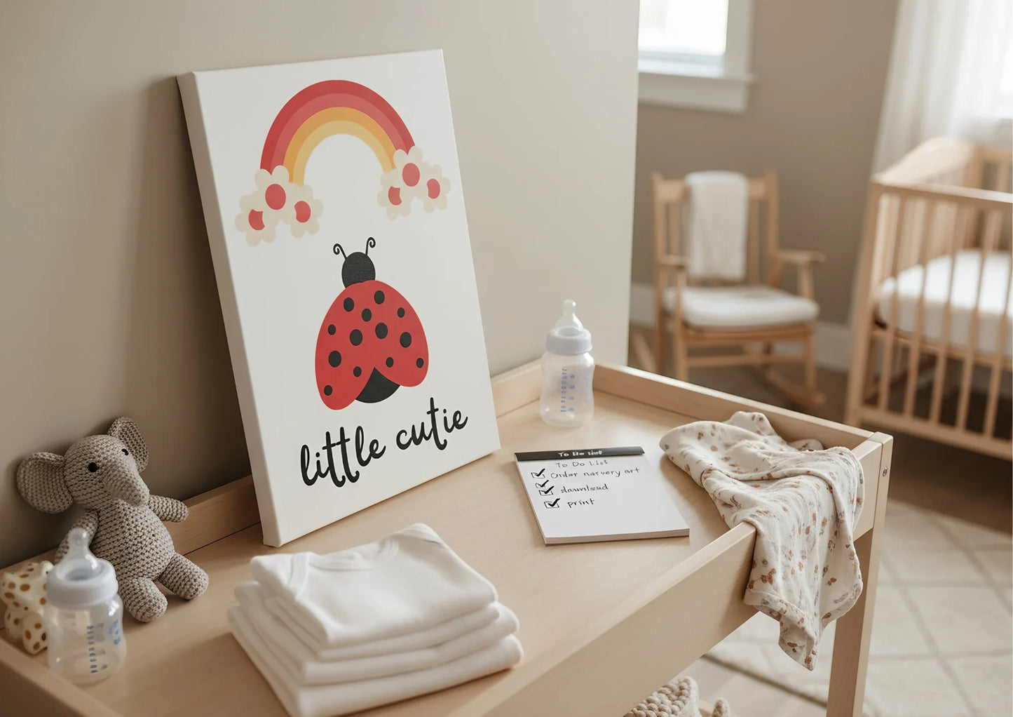 Baby nursery with a wooden changing table, baby items, and a decorative sign.