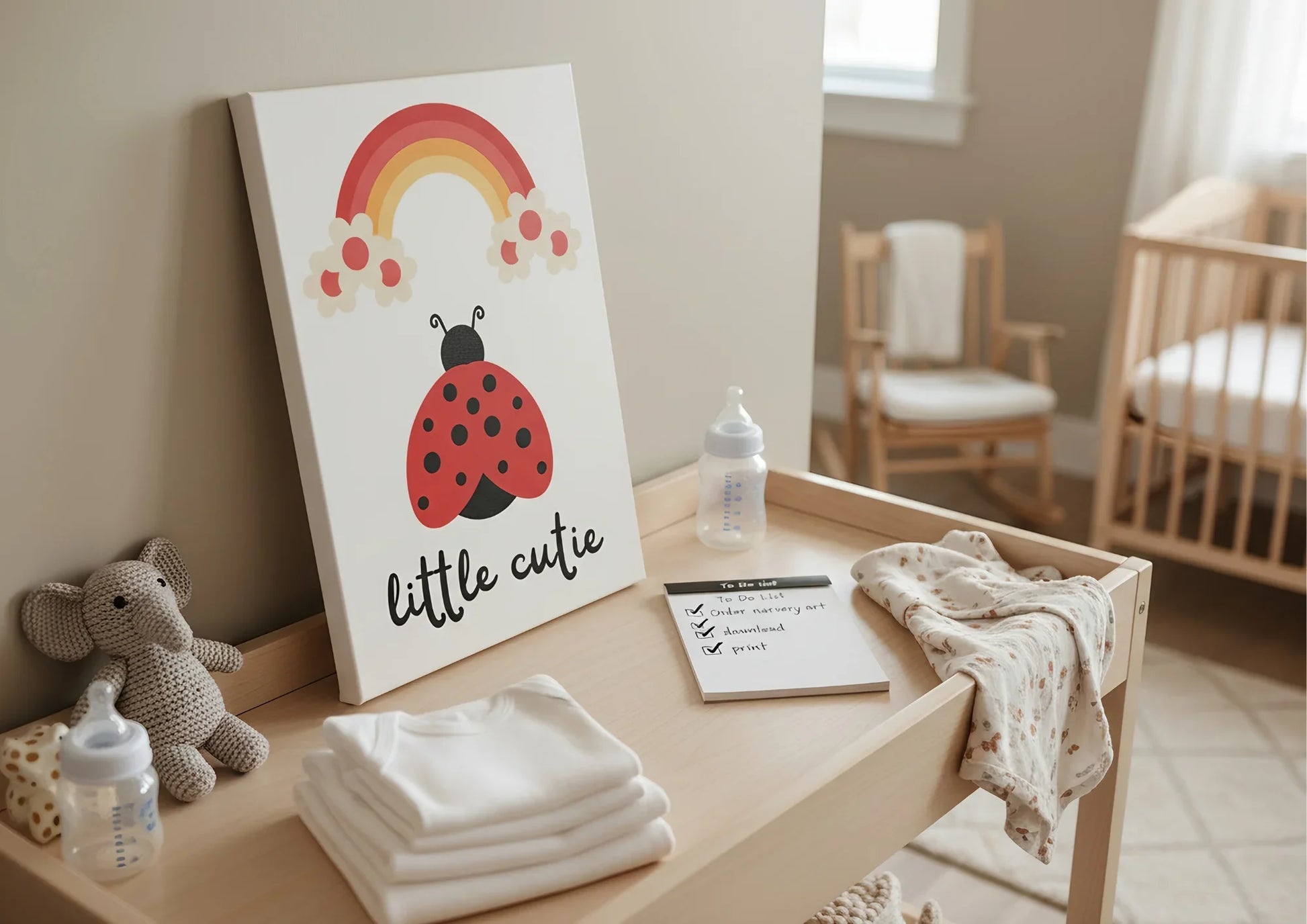 Baby nursery with a wooden changing table, baby items, and a decorative sign.
