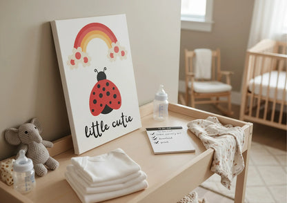 Baby nursery with a wooden changing table, baby items, and a decorative sign.
