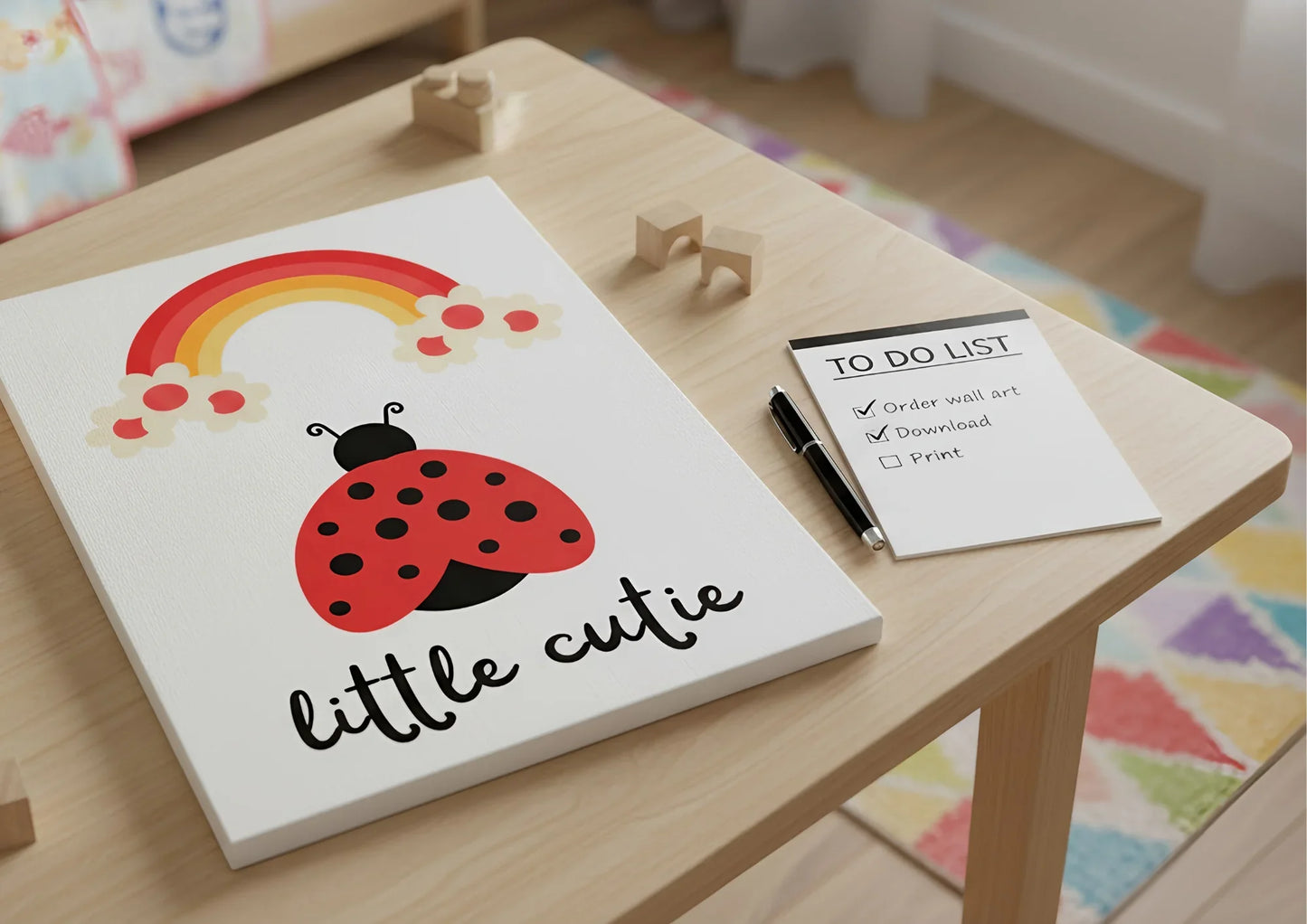 Children's wall art with a ladybug and rainbow on a wooden table.