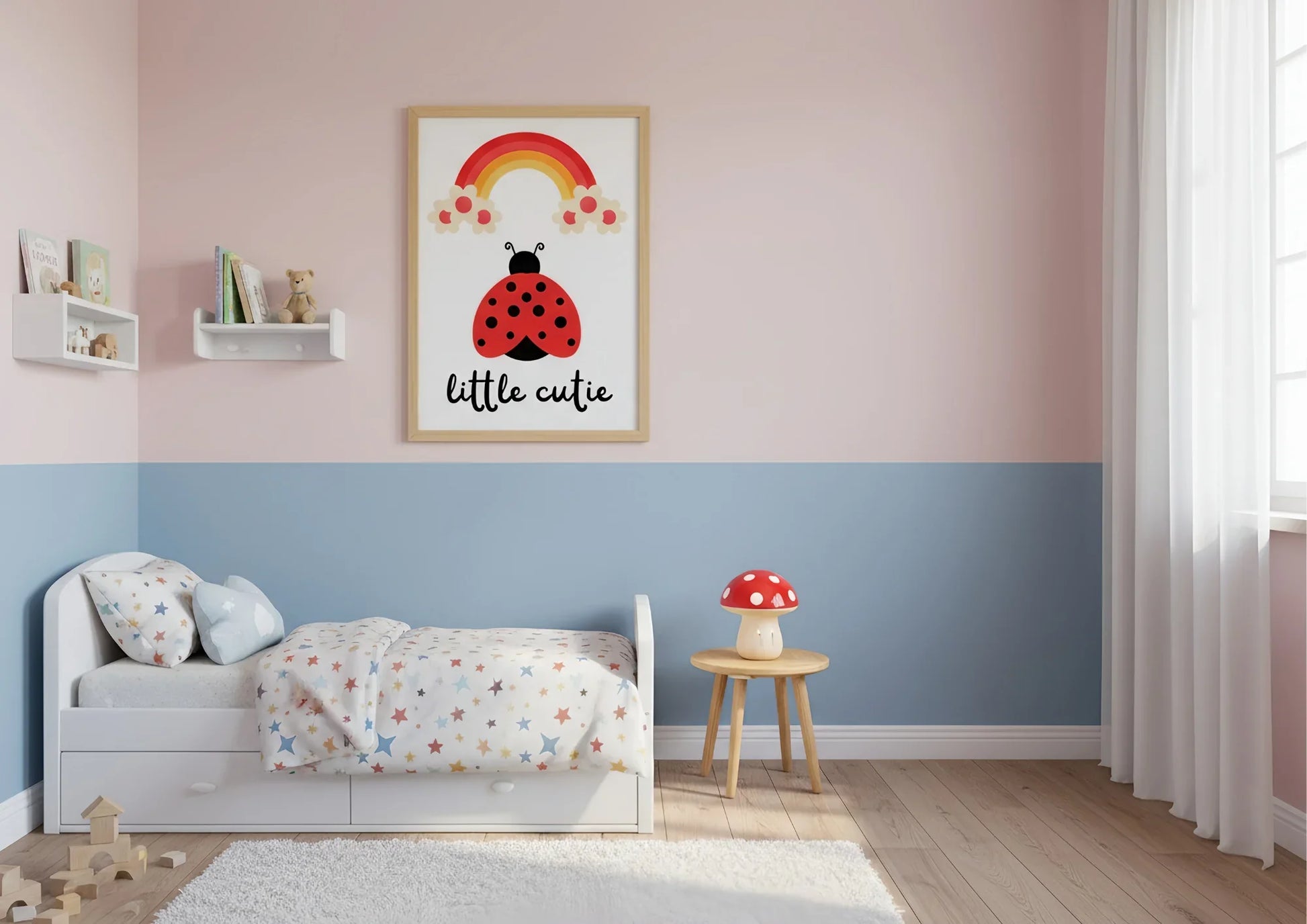 Children's bedroom with a bedside table and wall art.
