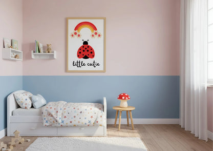 Children's bedroom with a bedside table and wall art.