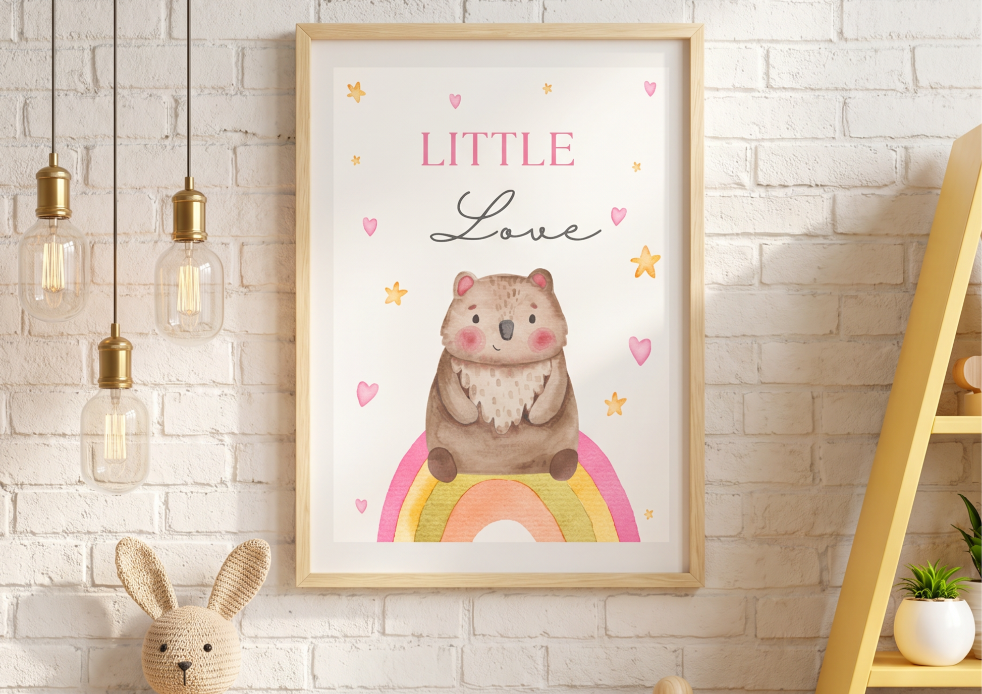 Framed children's poster with a cute animal illustration on a white brick wall.