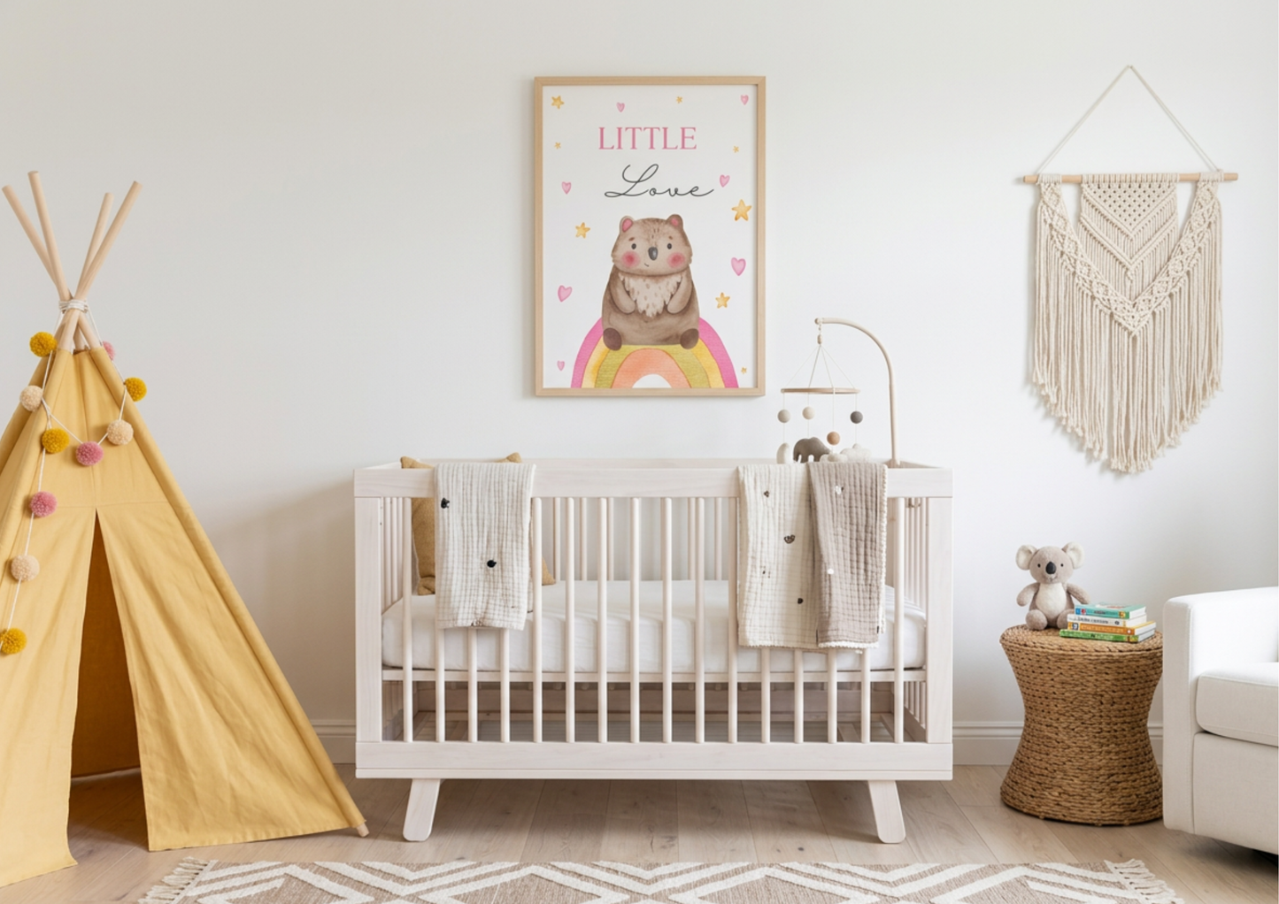 Nursery room with a crib, teepee, and wall art in a home setting.
