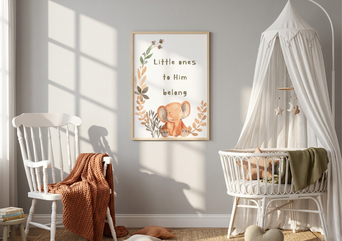 Nursery room with a crib, chair, and framed artwork on the wall.