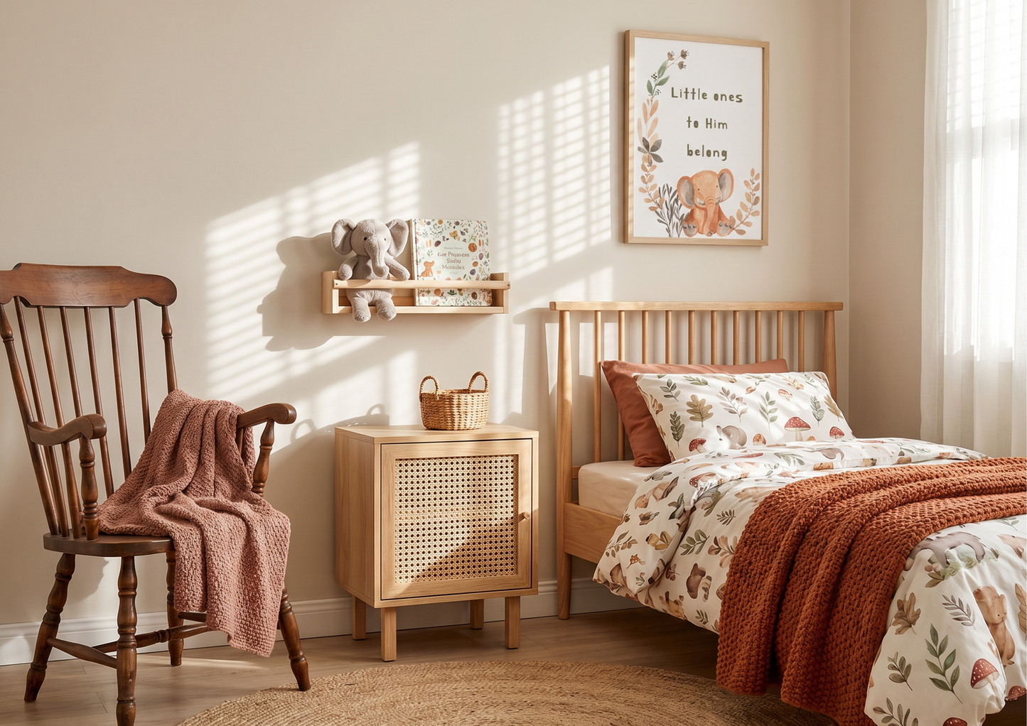 Children's bedroom with wooden chair, nightstand, and bed with floral bedding.