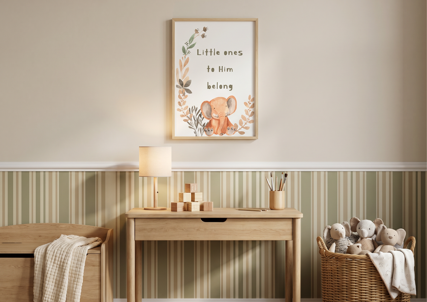 Nursery room with wooden desk, lamp, and framed picture on a beige wall.