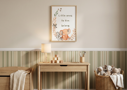 Nursery room with wooden desk, lamp, and framed picture on a beige wall.