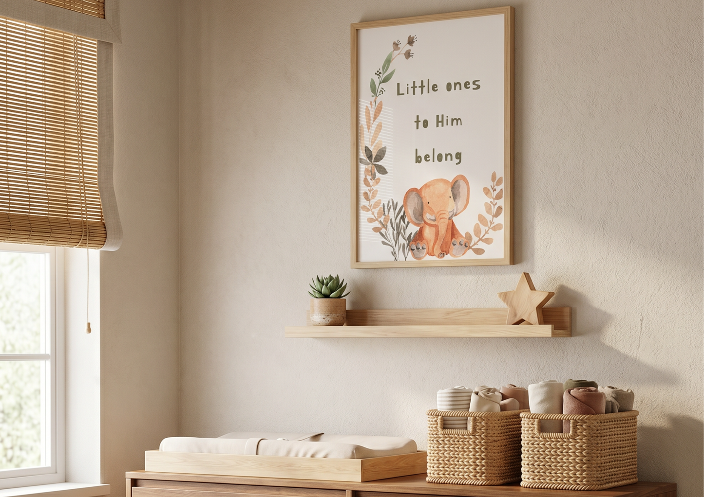 Nursery room with a framed picture of an elephant and text, shelves with toys, and baskets.