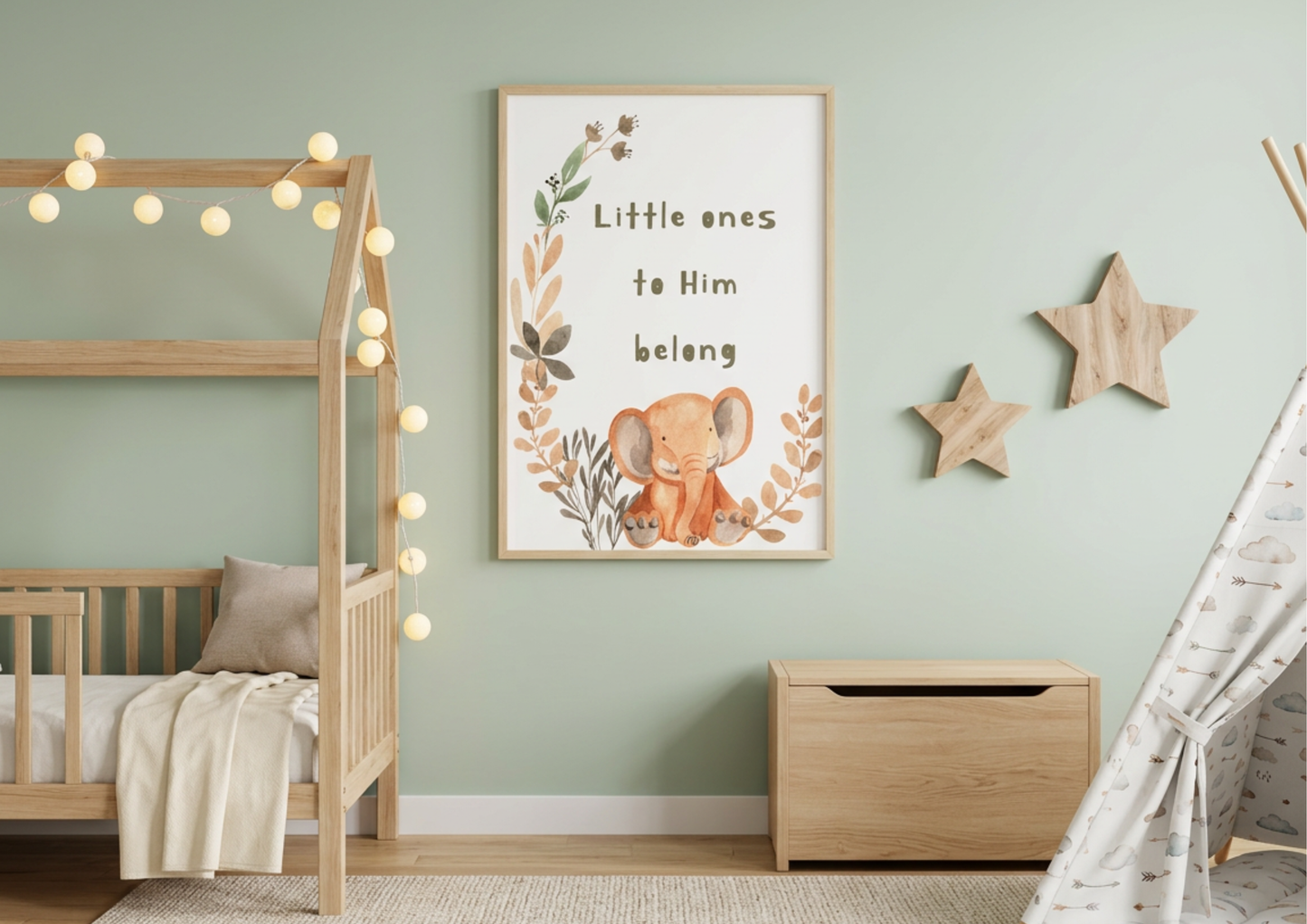 Children's room with a wooden bed, storage unit, and wall art featuring an elephant.