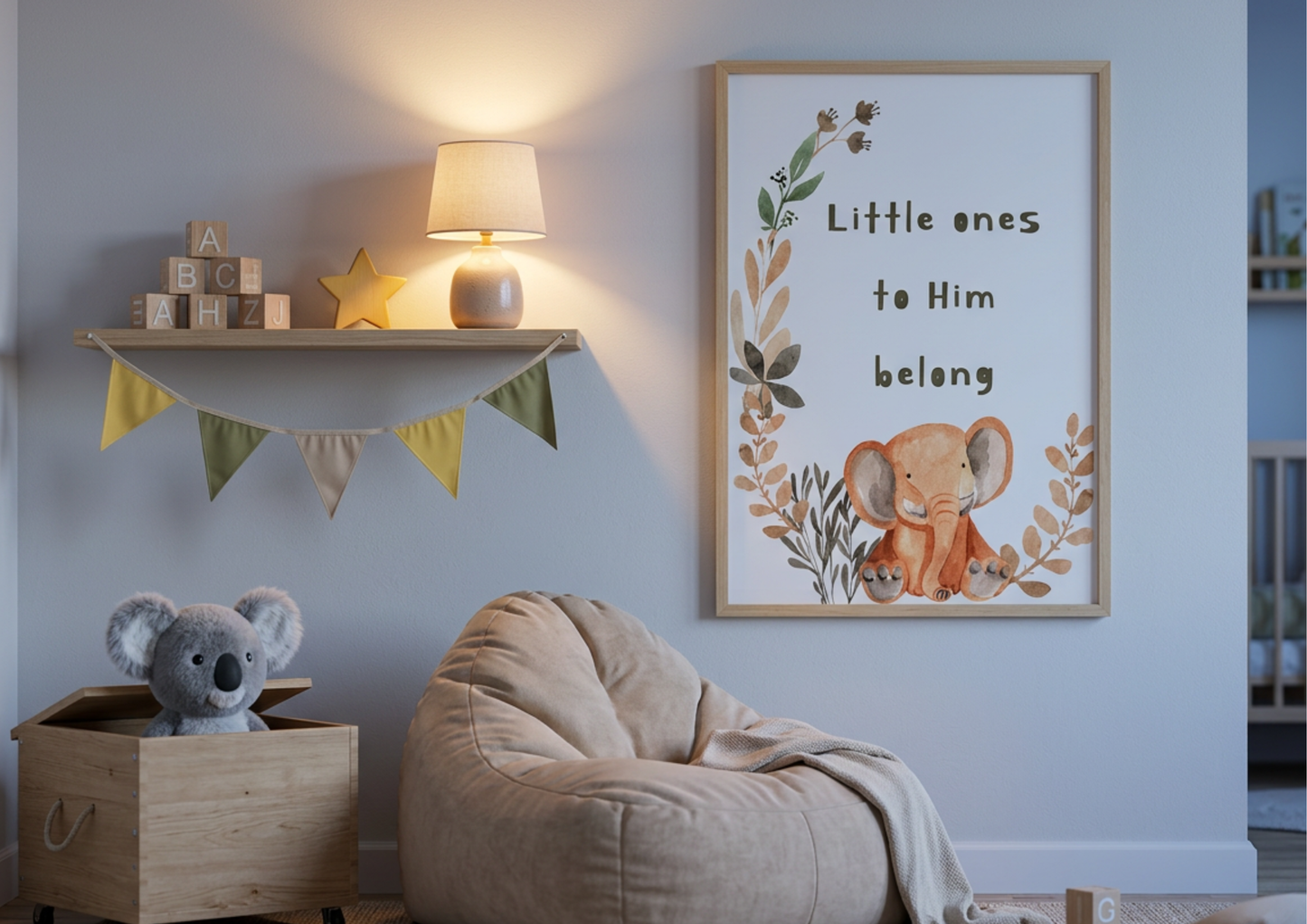 Nursery room with a bean bag chair, toy box, and wall art featuring an elephant and text.