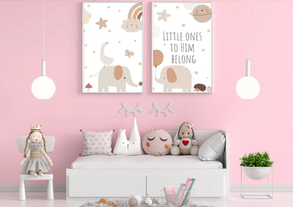 A set of two framed art prints with elephants and the quote "Little ones to him belong" on a pink wall above a daybed.