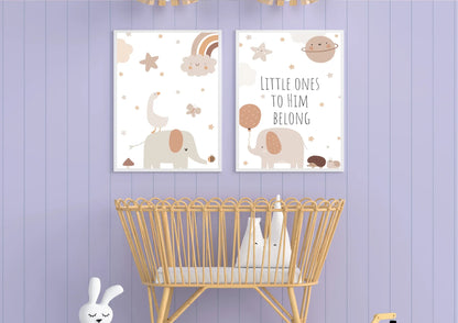 Nursery room with two wall posters featuring elephants and text, a crib, and decorative elements on a purple wooden panel wall.